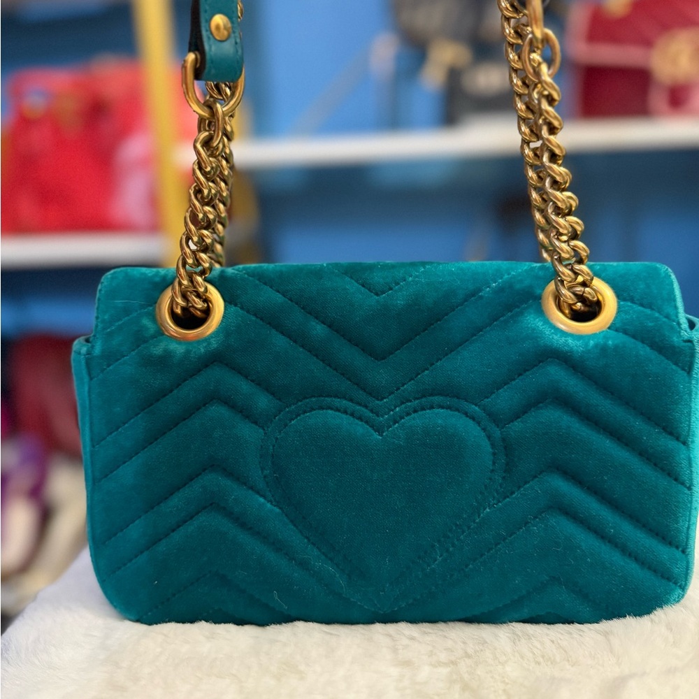 GG Marmont Teal Velvet Crystal Embellished Limited Edition Shoulder/Crossbody - Picture 7 of 16